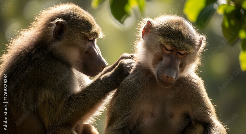 Obraz premium Baboons Grooming Each Other Social Behavior of Primates Close Up Gentle Interaction Wild Life