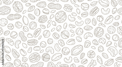Assorted Nuts Line Art Pattern - Walnuts, Almonds, Cashews, and More.