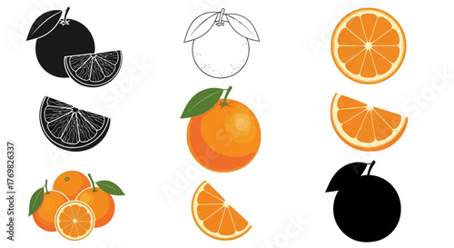 Assorted orange fruit graphics including silhouette line art and color illustrations.
