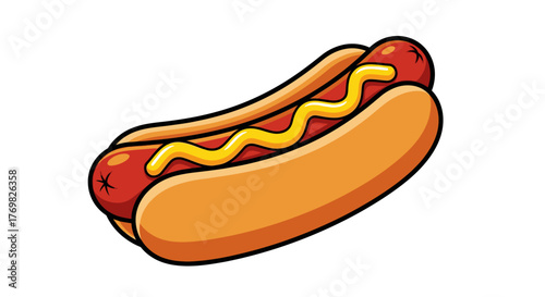 Classic Hot Dog with Mustard Illustration on White Background.