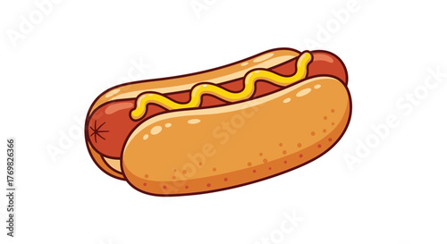 Classic Hot Dog with Mustard Illustration on White Background.