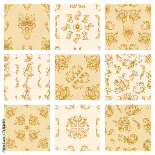 Vintage Baroque or renaissance Seamless pattern hand drawn Victorian set of ornament floral elements engraved retro flower decorative design heraldic swirls.