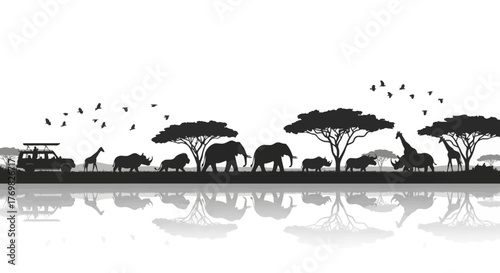 African Safari Wildlife Silhouette with Reflection on White Background.