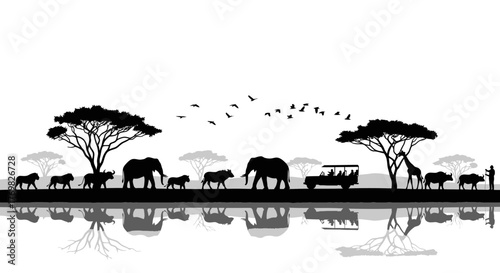African Wildlife Silhouette - Elephants, Lions, Giraffe, and Safari Vehicle in Black and White.