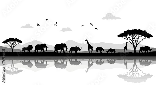 African Wildlife Silhouette Safari Scene with Animals and Trees.