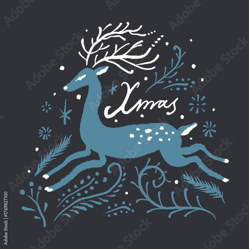 Scandinavian illustration with cute blue ice snow celestial night deer, Christmas tree evergreen brunches and snowflakes. Hand drawn Nordic forest drawing. Perfect for t-shirt print, greeting card