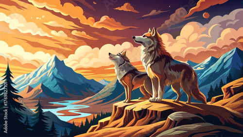 Realistic vector of a male and female wolf howling together on mountain cliff under cloudy sky, dramatic light, detailed fur, wild natural environment