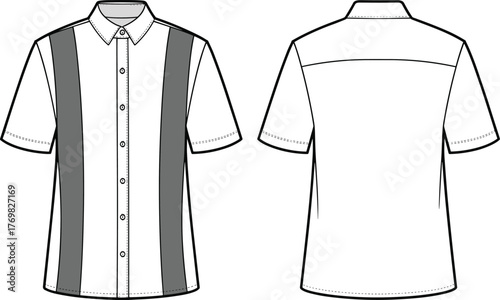 Short-sleeve button-up shirt sketch, color-block front panels, standard collar, plain back, front and back view, fashion flat, sewing pattern vector
