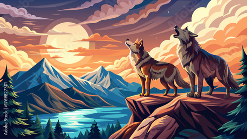 Realistic vector of a male and female wolf howling together on mountain cliff under cloudy sky, dramatic light, detailed fur, wild natural environment