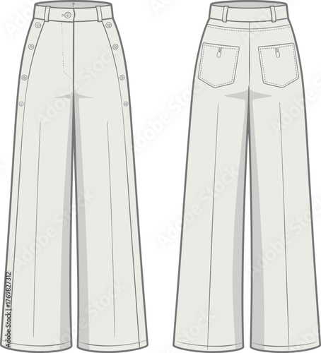 High-waisted wide-leg pants sketch, button side closure, belt loops, patch pockets, front and back view, fashion flat, sewing pattern vector