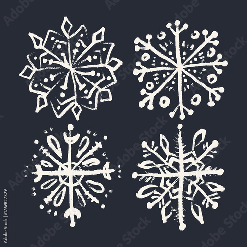 Set of New Year brush stroke or chalk ornate texture snowflakes icons, Christmas patterned white brush hand-drawn isolated elements on background. Scandinavian Norwegian simple winter print editable