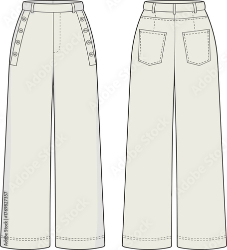 Wide-leg pants technical sketch, high waist, button side closure, patch pockets, front and back view, fashion flat, sewing pattern vector