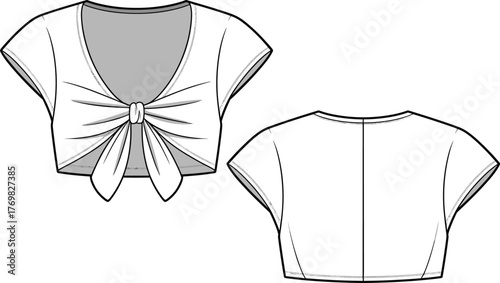 Cropped top technical sketch, deep V-neckline, knot front detail, draped panels, short sleeves, front and back view, fashion flat, sewing pattern