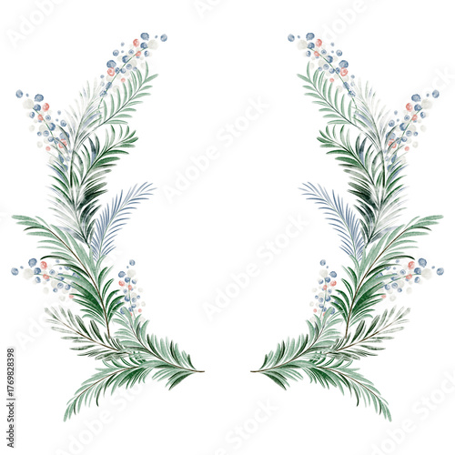 Watercolor evergreen wreath with pine and spruce branches. Christmas and New Year decoration. Isolated circular element for postcard or festive design.