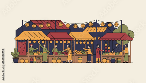 A bustling street market at dusk lanterns casting a warm glow over vibrant stalls filled with exotic es handmade crafts and enthusiastic vendors.