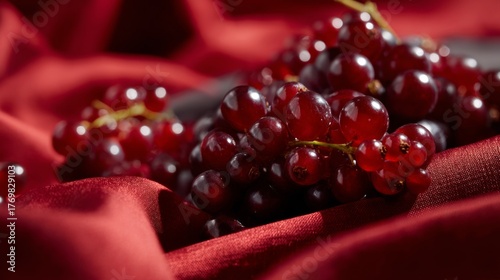 Red currants on silky fabric surface for luxury dessert, fruit styling or gourmet food branding photography visuals