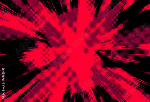 Manga-style background explodes in a dynamic radial burst of dotted red, magenta, and black rays from a glowing center. Sharp, streaking lines convey intense speed and power.