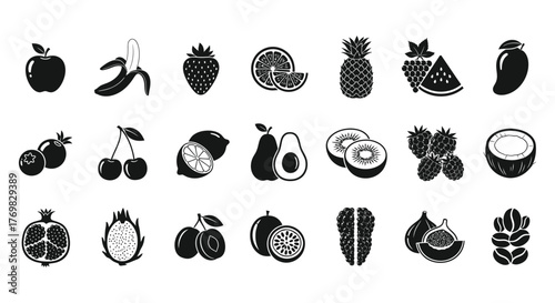 Food fruits glyph icon set. Vector pictograms of banana, strawberry, pineapple, watermelon, grapes, mango, blueberries, peach, cherry, lemon, avocado, pear, kiwi, black sign silhouette illustration