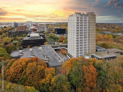 Basingstoke town centre's office district at sunset in Autumn