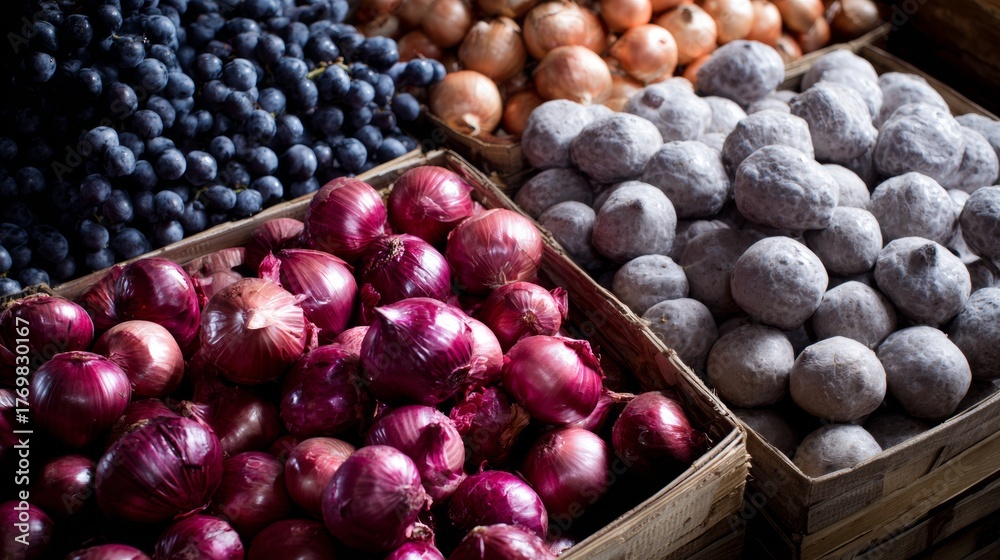 Fototapeta premium Wooden crates filled with colorful root vegetables for farmers market, organic food, agriculture or harvest produce visuals