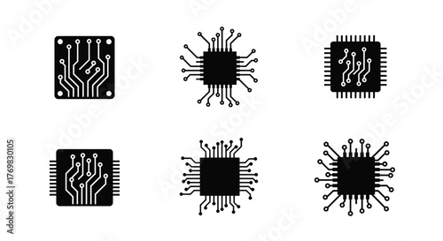 Variety of black microchip icons illustrating electronic circuit board components