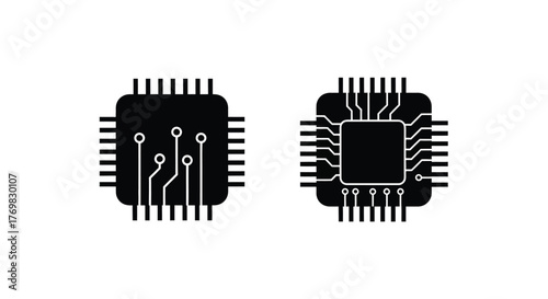 Two black microchip icons with connecting pins a digital technology illustration
