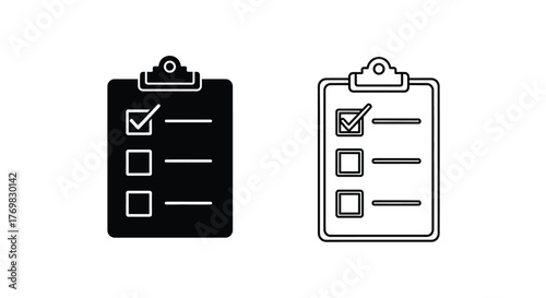 Black and white line art icons of clipboards with checkmarks