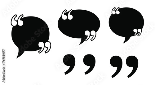 Black speech bubbles and quotation marks on a white background