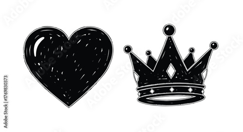 A black heart and crown illustration simple design with textured details