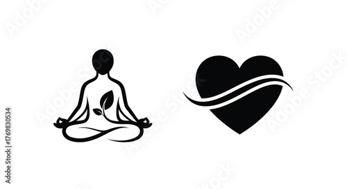 Meditating figure with a heart and flowing lines simple black silhouette
