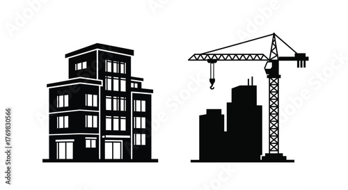 Black and white illustration depicting a building and construction crane scene