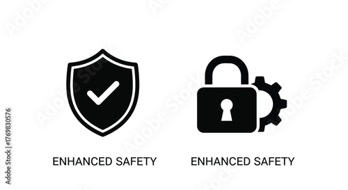 Security icons depicting a shield with checkmark and unlocked lock symbol