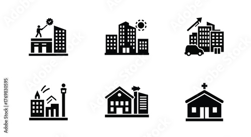 Black silhouettes depicting various architectural structures and urban components