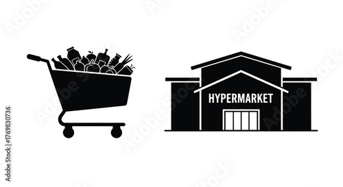 Shopping cart overflowing with groceries near a stylized hypermarket building