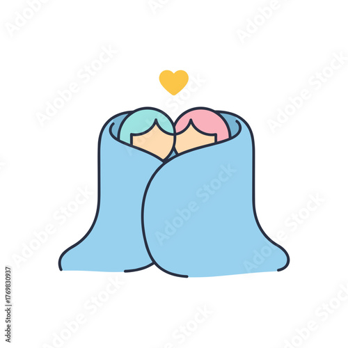 Couples cuddling under a blue blanket with heart above them  