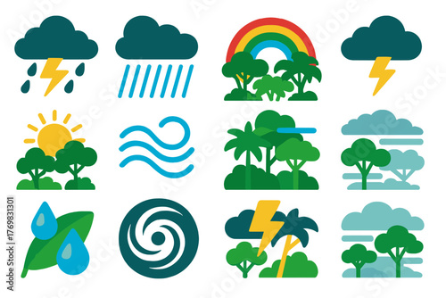 Rainforest Weather Icons. Flat vector icons of rainforest weather: tropical storm cloud, heavy rainfall, rainbow in jungle,