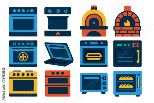 Flat Oven Icons. Flat vector icons of ovens: modern electric oven, gas oven, vintage wood-fired oven, brick pizza oven, convection