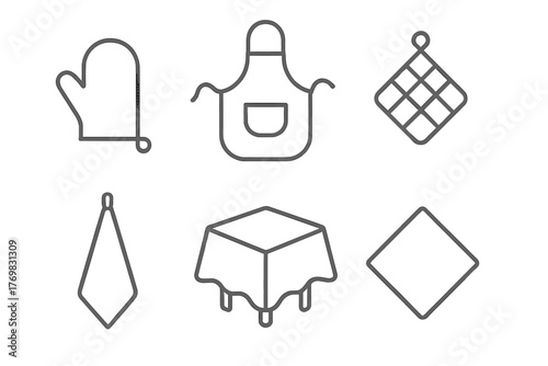 Kitchen Textile Icons. Line style icons of kitchen textiles: oven mitt, apron, potholder, dish towel, tablecloth, napkin. No text,