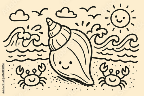 Seashell Beach Fun. A doodle illustration of a falcate seashell on the beach, with smiling crabs, cheerful waves, and playful