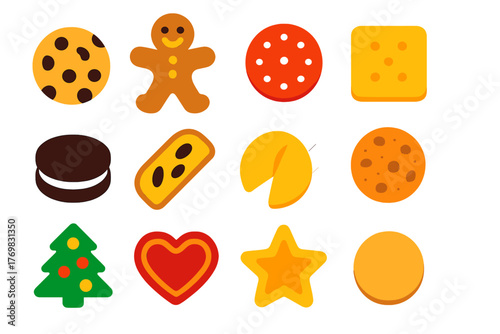 Colorful Cookie Icons. Flat vector icons of cookies: chocolate chip cookie, gingerbread man, sugar cookie, shortbread, sandwich