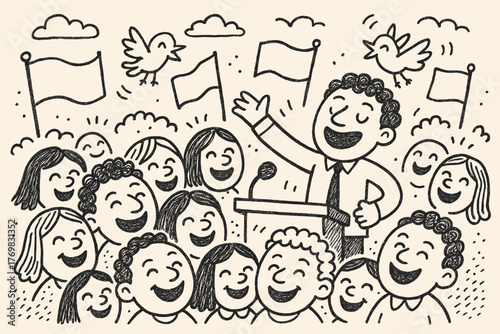 Vibrant Crowd's Cheer. A doodle scene of a cheerful crowd listening to a rousing speech, their faces glowing with hwyl, surrounded