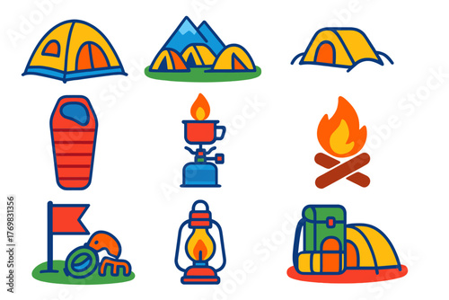 Mountaineering Icon Set. Flat vector icons of mountaineering tents and camps: high altitude tent, base camp setup, tent in snow,