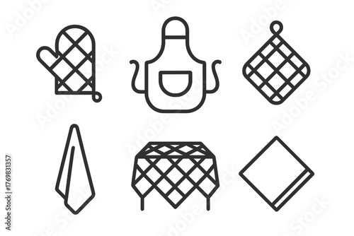 Kitchen Textile Icons. Line style icons of kitchen textiles: oven mitt, apron, potholder, dish towel, tablecloth, napkin. No text,