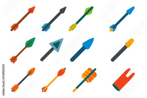Colorful Arrow Icons. Flat vector icons of arrows: wooden arrow, carbon arrow, aluminum arrow, fiberglass arrow, arrow with