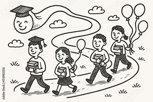 Path of Knowledge. A doodle scene of a liripipe turning into a winding path, with smiling students walking along it, carrying