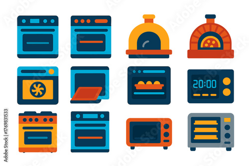Flat Oven Icons. Flat vector icons of ovens: modern electric oven, gas oven, vintage wood-fired oven, brick pizza oven, convection