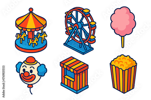 Carnival Fun Icons. Isometric vector illustration set Carnival Fun: colorful carousel, giant ferris wheel, pink cotton candy,