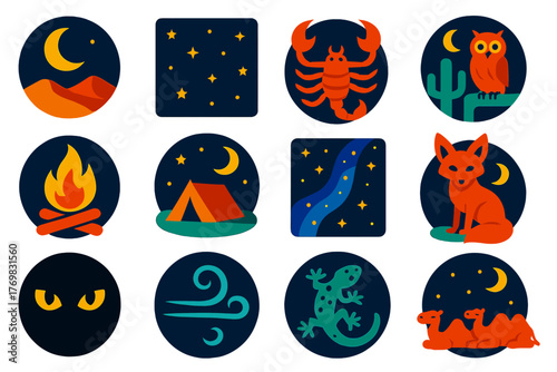 Desert Night Icons. Flat vector icons of desert nights: crescent moon above dunes, starry desert sky, scorpion silhouette, owl on
