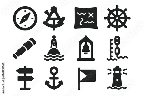 Coastal Navigation Icons. Solid style icons of coastal navigation: compass, sextant, nautical map, ship wheel, telescope, buoy,