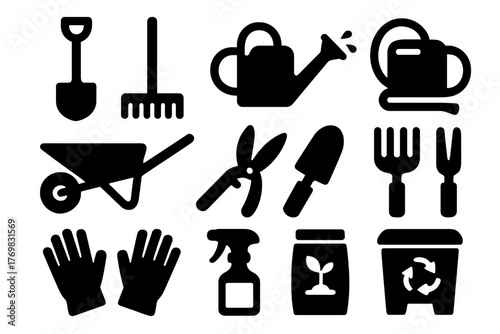 Gardening Tools Icons. Solid style icons of gardening tools: shovel, rake, watering can, garden hose, wheelbarrow, pruning shears,